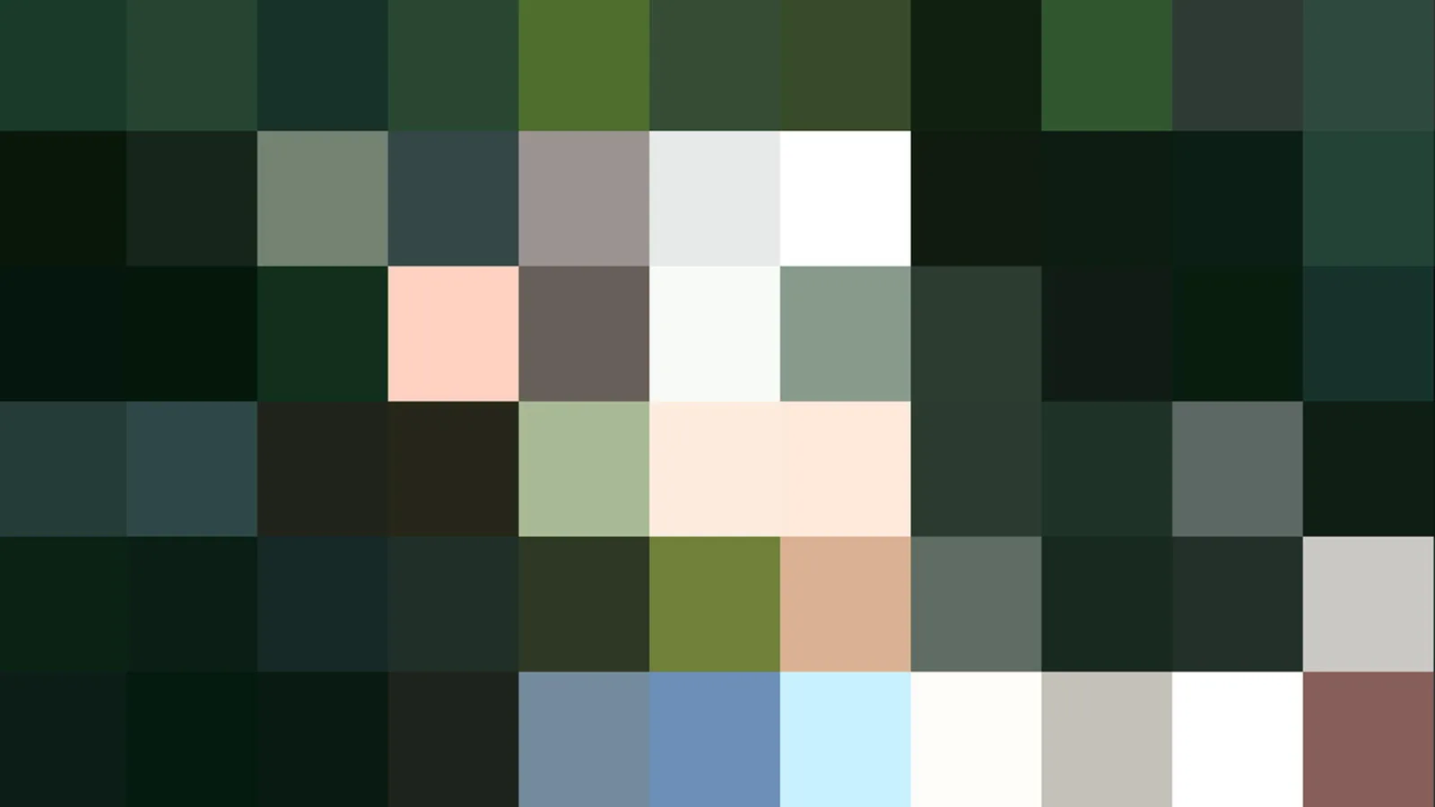 Abstraktes Mosaik aus quadratischen Farbfeldern in Grün-, Schwarz-, Weiß- und Blautönen sowie einzelnen Pastellfeldern.