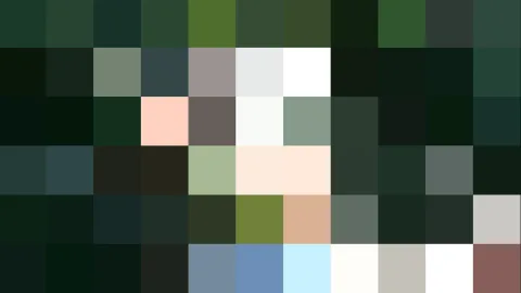 Abstraktes Mosaik aus quadratischen Farbfeldern in Grün-, Schwarz-, Weiß- und Blautönen sowie einzelnen Pastellfeldern.