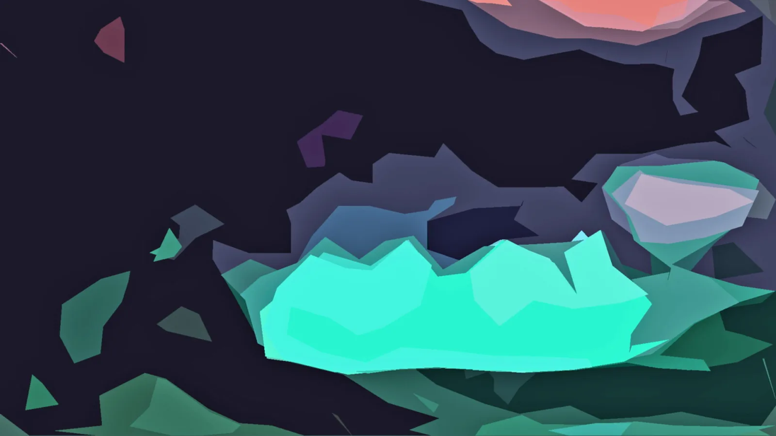 Abstrakte Low-Poly-Komposition mit einer leuchtend türkisfarbenen Form im unteren Bildbereich, umgeben von dunklen Flächen, grünen Facetten und einem rosafarbenen Akzent oben rechts.