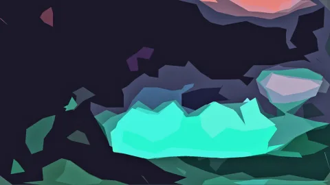 Abstrakte Low-Poly-Komposition mit einer leuchtend türkisfarbenen Form im unteren Bildbereich, umgeben von dunklen Flächen, grünen Facetten und einem rosafarbenen Akzent oben rechts.