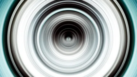 Abstrakte Komposition aus konzentrischen Ringen in Weiß, Grau und Türkis, die von einem dunklen Zentrum nach außen wirbeln.