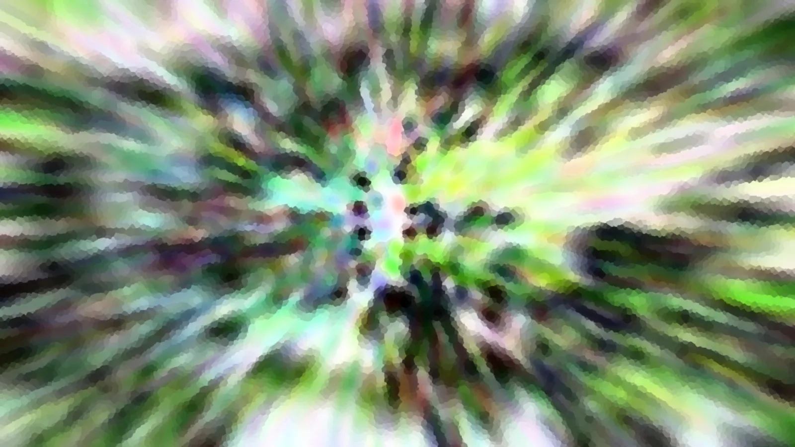 Abstrakte Komposition aus grünen, weißen und dunklen Strahlen, die von einem zentralen Punkt nach außen laufen, mit pixeligem Mosaik-Effekt.
