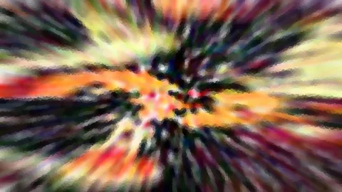 Abstrakte Komposition aus bunten, unscharfen Pinselstrichen, die von einem dunklen Zentrum radial nach außen laufen. Orange, Gelb, Rot und Grün dominieren.