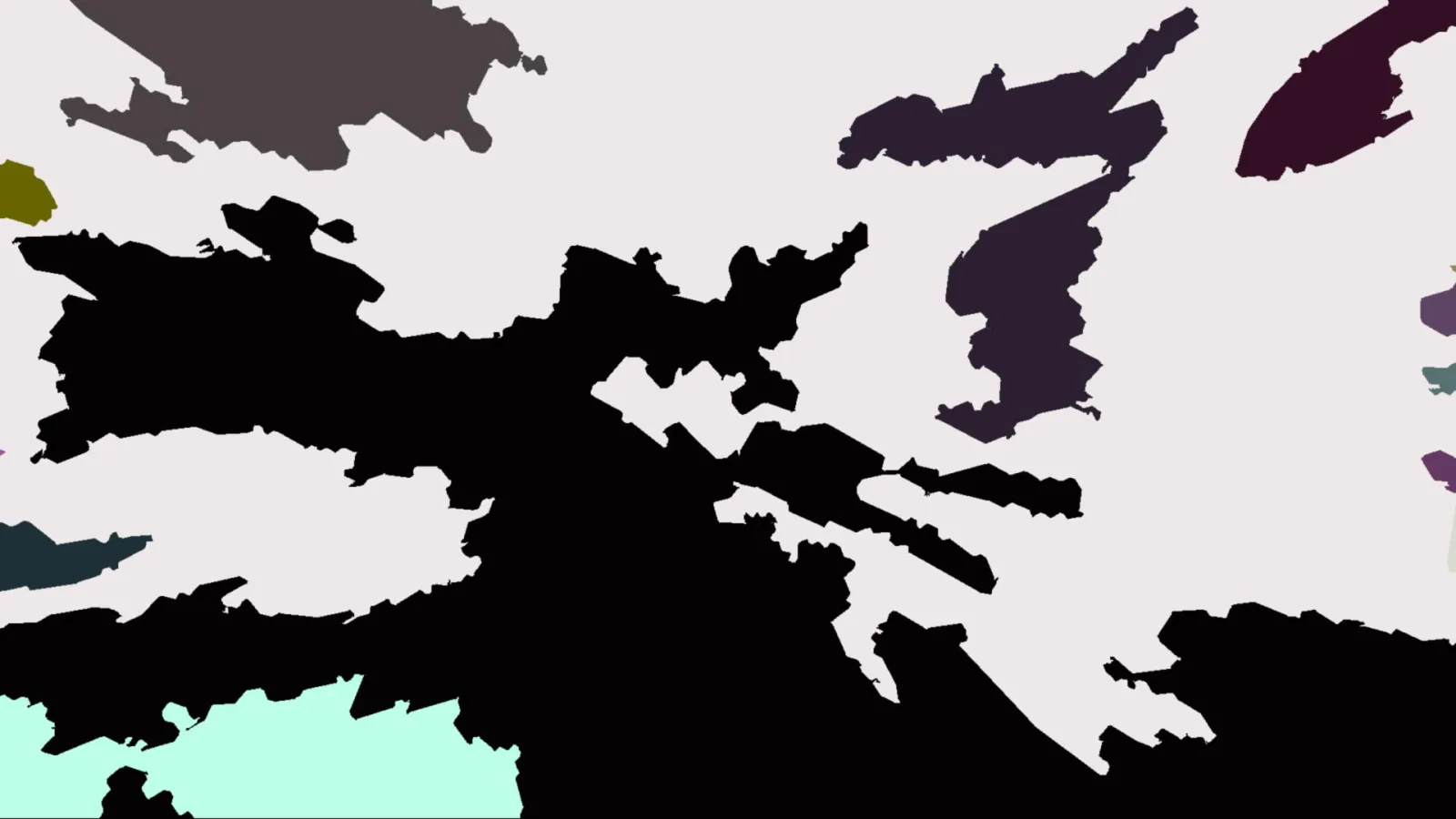 Abstrakte Komposition aus schwarzen, unregelmäßig gezackten Flächen auf hellgrauem Grund, dazu einzelne farbige Flecken in Grau, Olivgrün, Violett, Dunkelrot und Mintgrün am Rand.