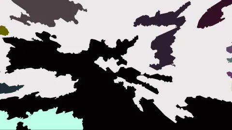 Abstrakte Komposition aus schwarzen, unregelmäßig gezackten Flächen auf hellgrauem Grund, dazu einzelne farbige Flecken in Grau, Olivgrün, Violett, Dunkelrot und Mintgrün am Rand.