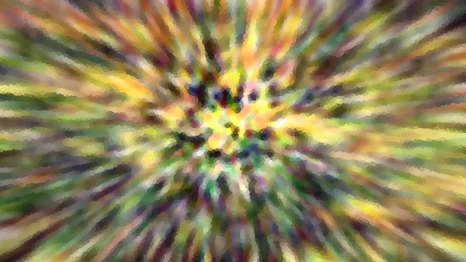 Abstraktes Bild mit radial von einem Zentrum ausgehenden Streifen in Gelb, Grün, Violett und Orange, dazwischen dunkle Punkte und mosaikartige Struktur.