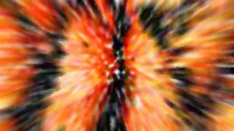 Abstrakte, radial verwischte Farbstreifen in Orange, Rot und Gelb mit dunklen Schlieren, die von einer dunklen Mitte nach außen laufen.