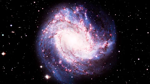 Eine leuchtende Spiralgalaxie mit blau-violetten Armen und rötlichen Sternentstehungsgebieten vor einem schwarzen Himmel voller Sterne.