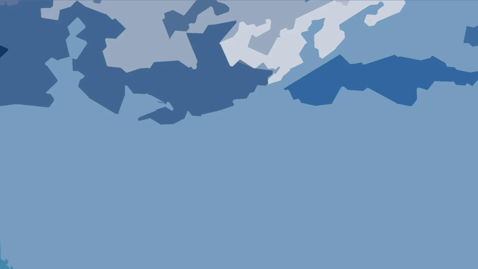 Abstrakte Komposition aus blauen, grauen und weißen unregelmäßigen Flächen, oben dicht gedrängt, unten eine große helle blaue Fläche.