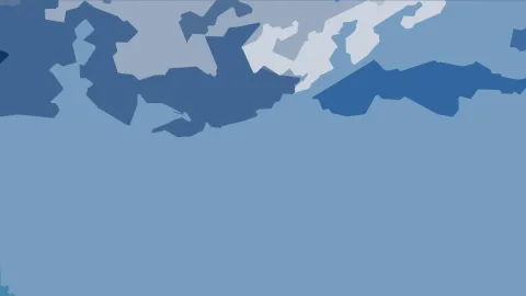 Abstrakte Komposition aus blauen, grauen und weißen unregelmäßigen Flächen, oben dicht gedrängt, unten eine große helle blaue Fläche.