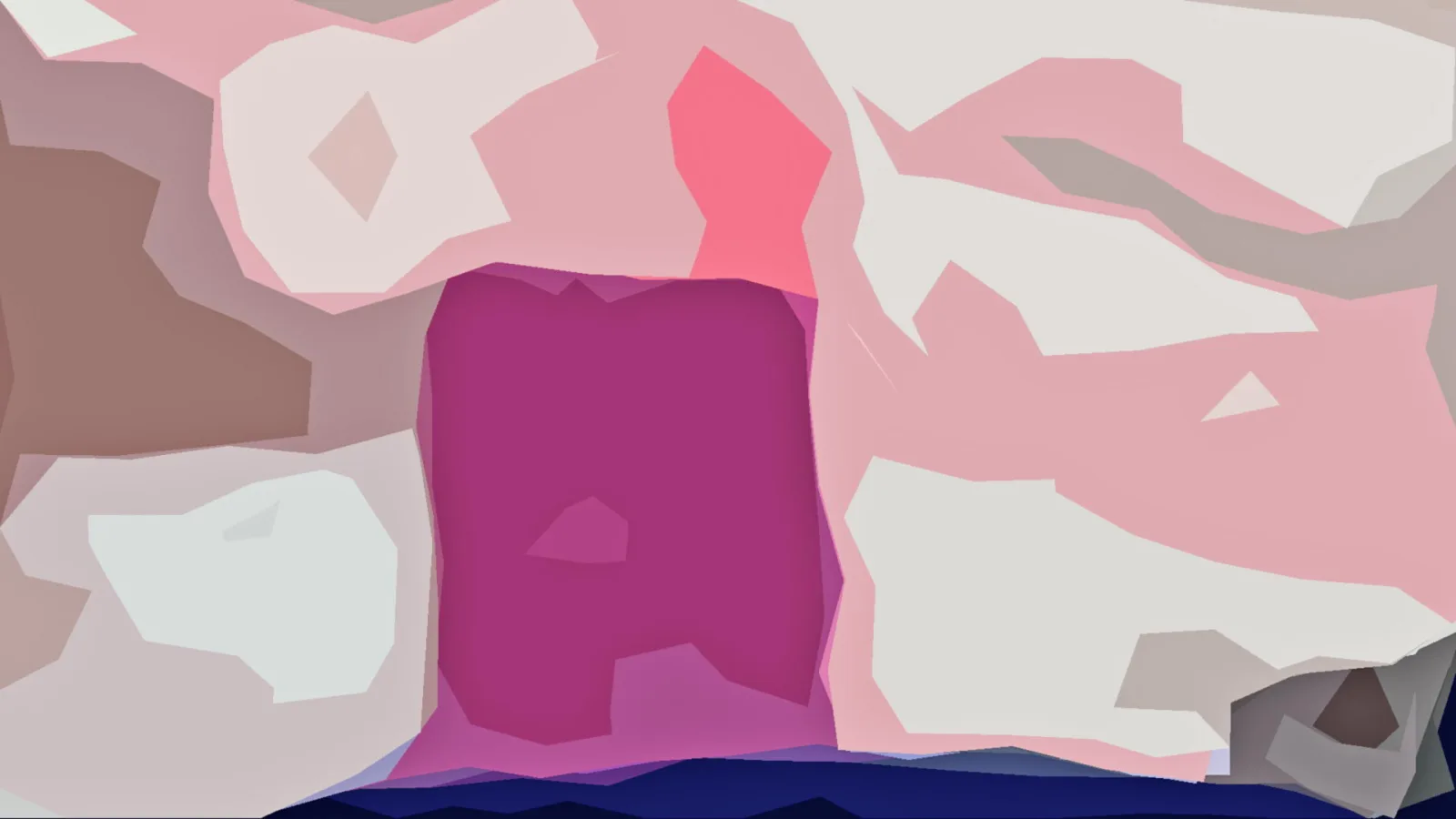 Abstrakte Komposition aus flachen, unregelmäßigen Formen in Rosa, Weiß, Braun und Magenta, im Zentrum ein dunkelmagentafarbenes Rechteck, unten ein dunkelblauer Streifen.