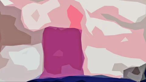 Abstrakte Komposition aus flachen, unregelmäßigen Formen in Rosa, Weiß, Braun und Magenta, im Zentrum ein dunkelmagentafarbenes Rechteck, unten ein dunkelblauer Streifen.