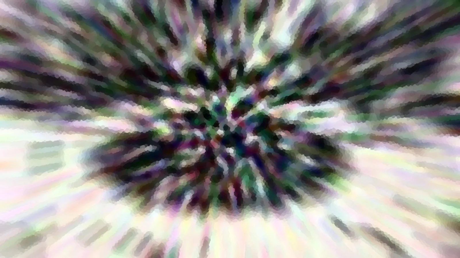Abstraktes Bild mit radialem Zoom-Effekt: Von einem dunklen, buntgefleckten Zentrum laufen Schlieren in Grün, Violett und Weiß nach außen.