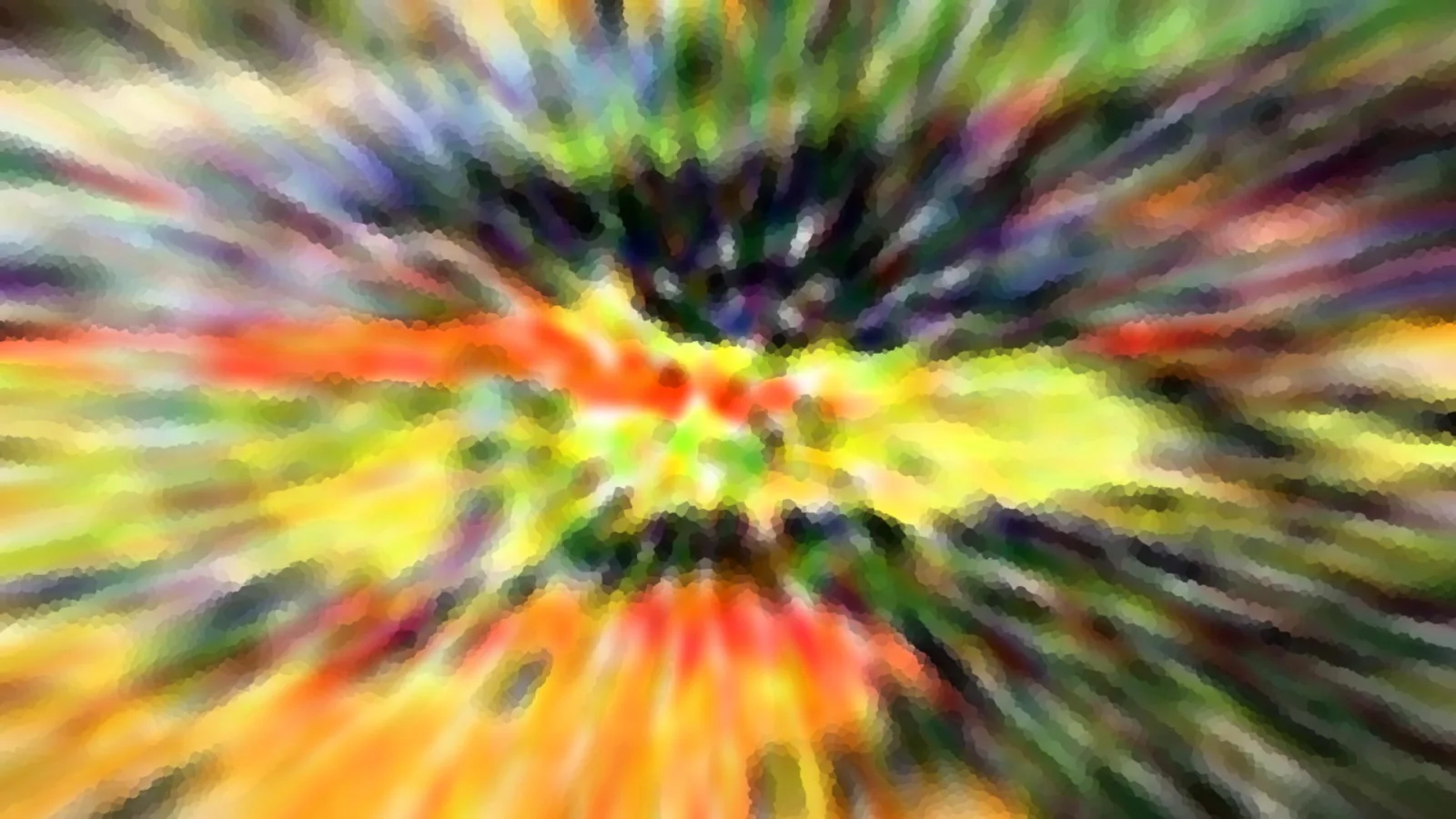 Abstrakte Komposition aus bunten, radial vom Zentrum nach außen verlaufenden Farbschlieren in Gelb, Orange, Grün und Violett, die unscharf ineinanderfließen.
