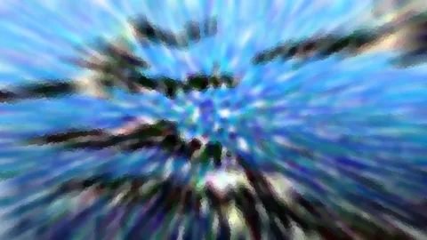 Abstrakte, radial verzerrte Aufnahme in Blau- und Türkistönen mit dunklen Streifen, die von der Mitte nach außen laufen.