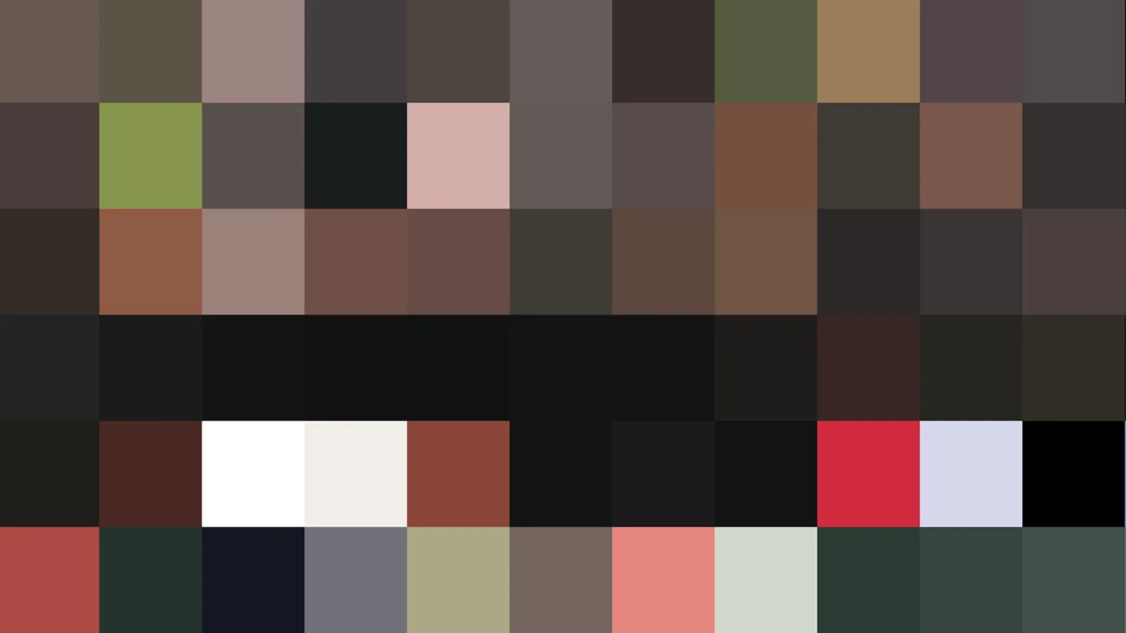 Mosaik aus quadratischen Farbblöcken in Braun, Oliv, Grau, Schwarz und Weiß, dazu einzelne rote, rosa und hellblaue Felder.