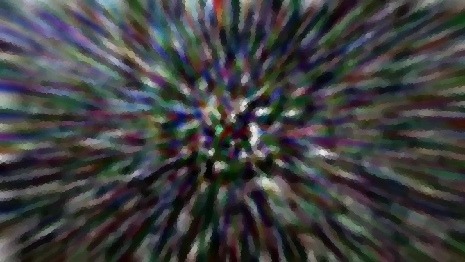 Abstrakte radiale Unschärfe mit grünen, violetten und weißen Farbstreifen, die von einem dunklen Zentrum nach außen laufen.
