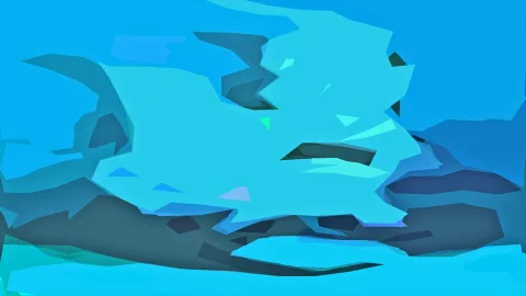 Abstrakte Komposition aus kantigen blauen und türkisen Flächen mit dunklen Schatten und wenigen hellgrünen Splittern.