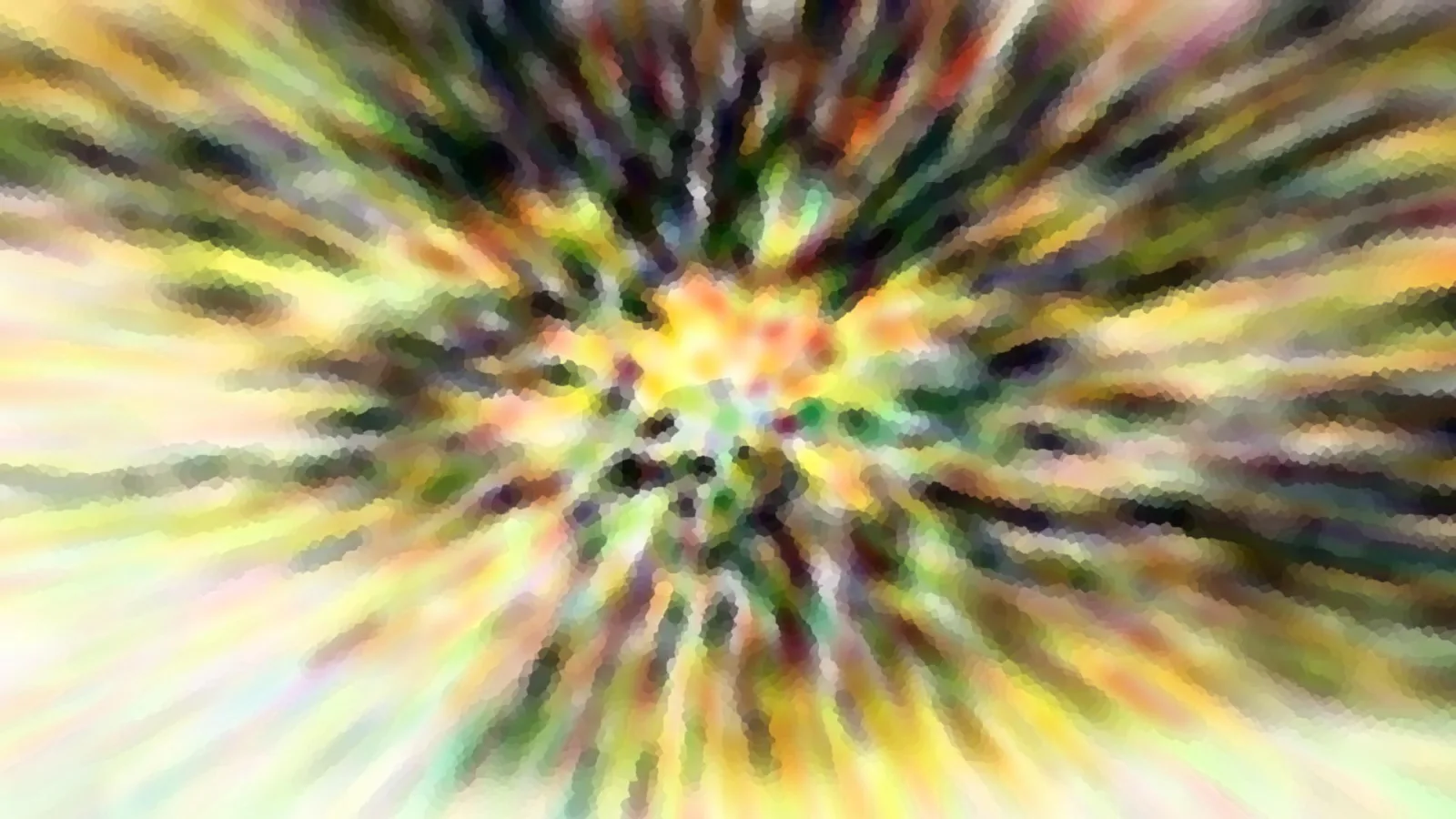 Abstraktes Bild mit farbigen Strahlen, die von einem hellen gelb-roten Zentrum nach außen laufen, in Grün, Gelb, Rot und Dunkelbraun, leicht gepixelt.