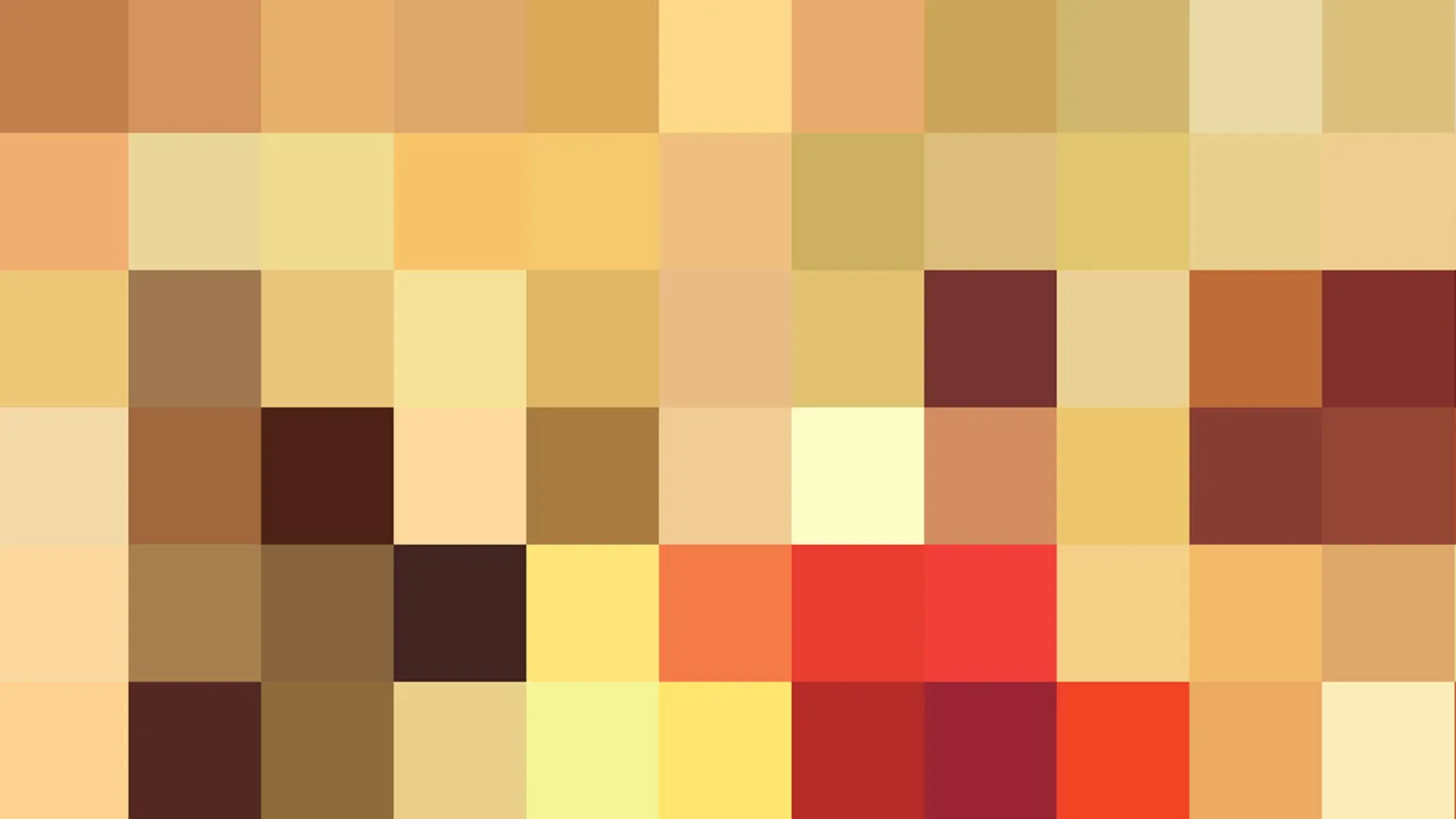 Mosaik aus quadratischen Pixelblöcken in Gelb-, Orange-, Braun- und Rottönen, unten rechts vereinzelt kräftiges Rot.