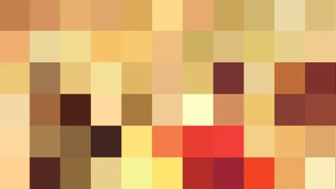 Mosaik aus quadratischen Pixelblöcken in Gelb-, Orange-, Braun- und Rottönen, unten rechts vereinzelt kräftiges Rot.
