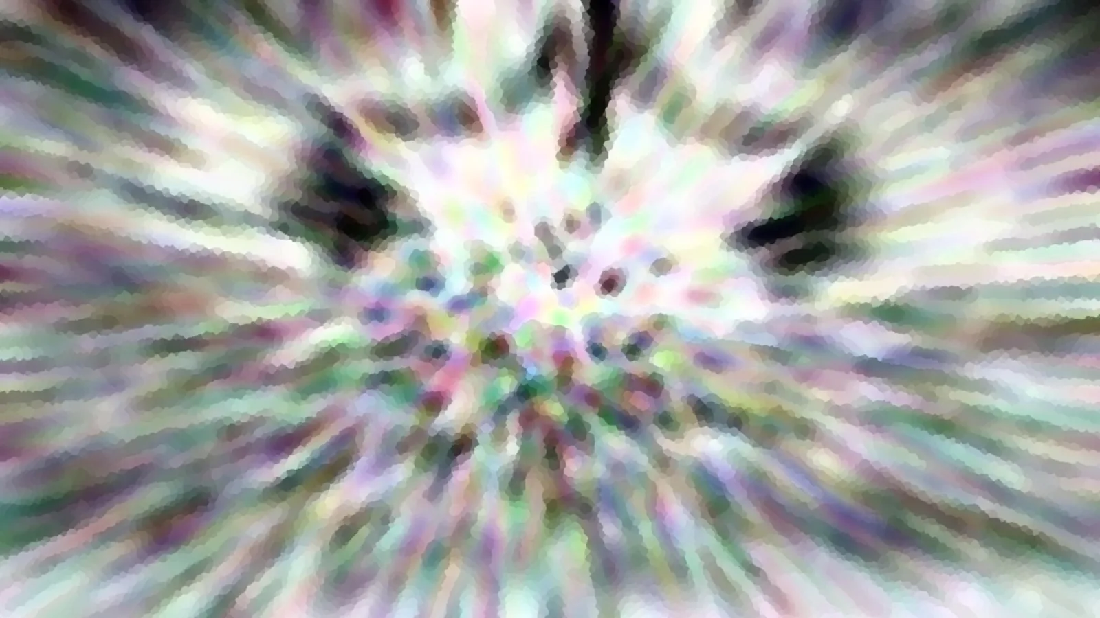 Abstrakte Komposition aus bunten, pastellfarbenen Streifen, die von einem hellen Zentrum radial nach außen laufen, mit dunklen Flecken am oberen Rand und mosaikartiger Pixelstruktur.
