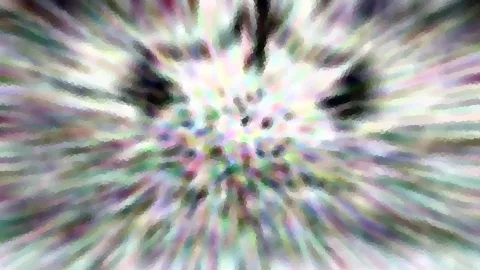 Abstrakte Komposition aus bunten, pastellfarbenen Streifen, die von einem hellen Zentrum radial nach außen laufen, mit dunklen Flecken am oberen Rand und mosaikartiger Pixelstruktur.