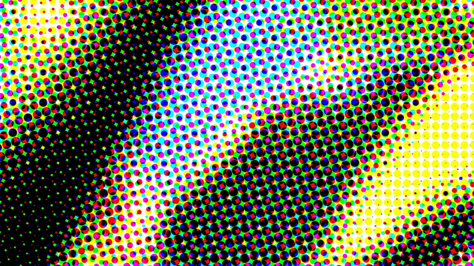 Abstraktes Muster aus farbigen Rasterpunkten in Gelb, Cyan, Magenta, Grün und Rot, das links und in der Mitte in eine schwarze Fläche übergeht.