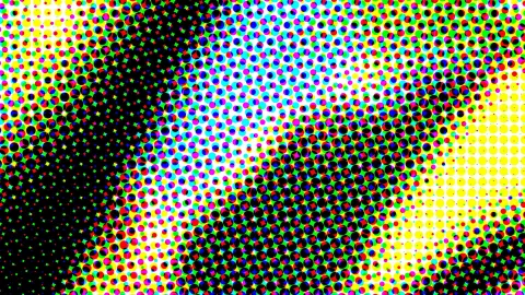 Abstraktes Muster aus farbigen Rasterpunkten in Gelb, Cyan, Magenta, Grün und Rot, das links und in der Mitte in eine schwarze Fläche übergeht.