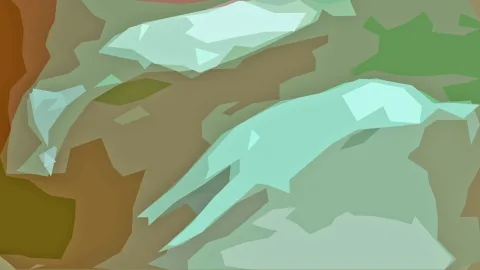 Abstrakte Komposition aus facettierten Flächen in Mint, Hellgrün und Weiß, die eine längliche, fischartige Form auf braunem und olivgrünem Grund bilden.