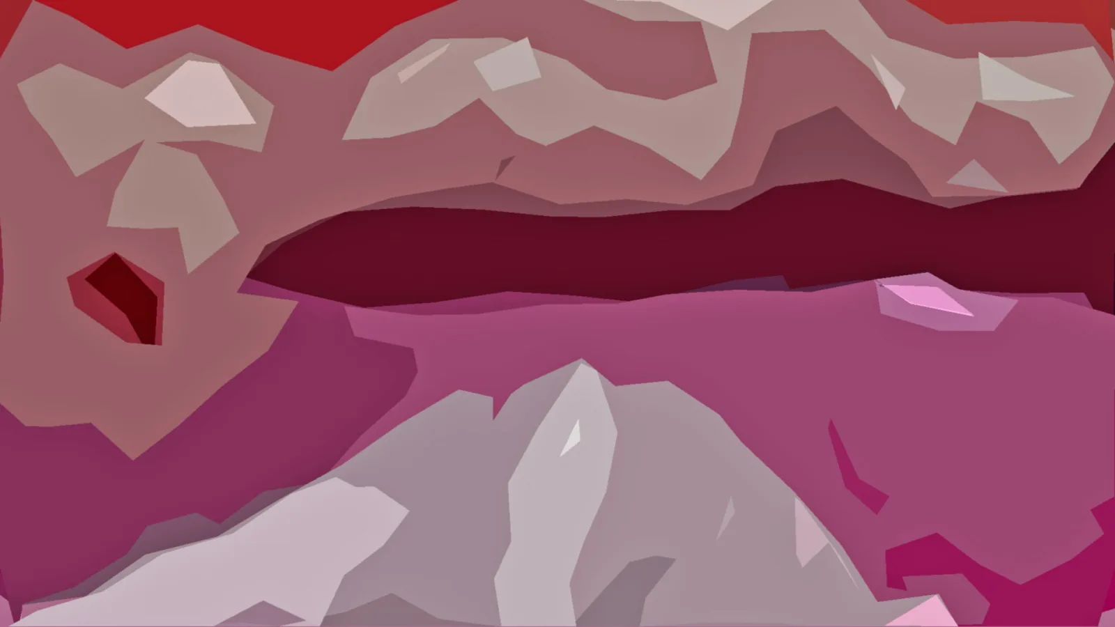 Abstrakte Komposition aus facettenartigen Flächen in Rot, Rosa, Mauve und Grau, unten ein grauer Bergrücken mit heller Spitze.
