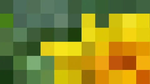 Ein Mosaik aus quadratischen Farbfeldern in Grün, Gelb und Orange, das von dunklem Grün links zu leuchtendem Gelb und Orange rechts übergeht.