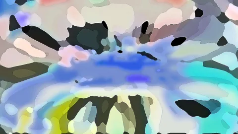 Abstrakte Komposition aus pastellfarbenen und schwarzen Flächen mit einem leuchtend blauen Zentrum in der Bildmitte.