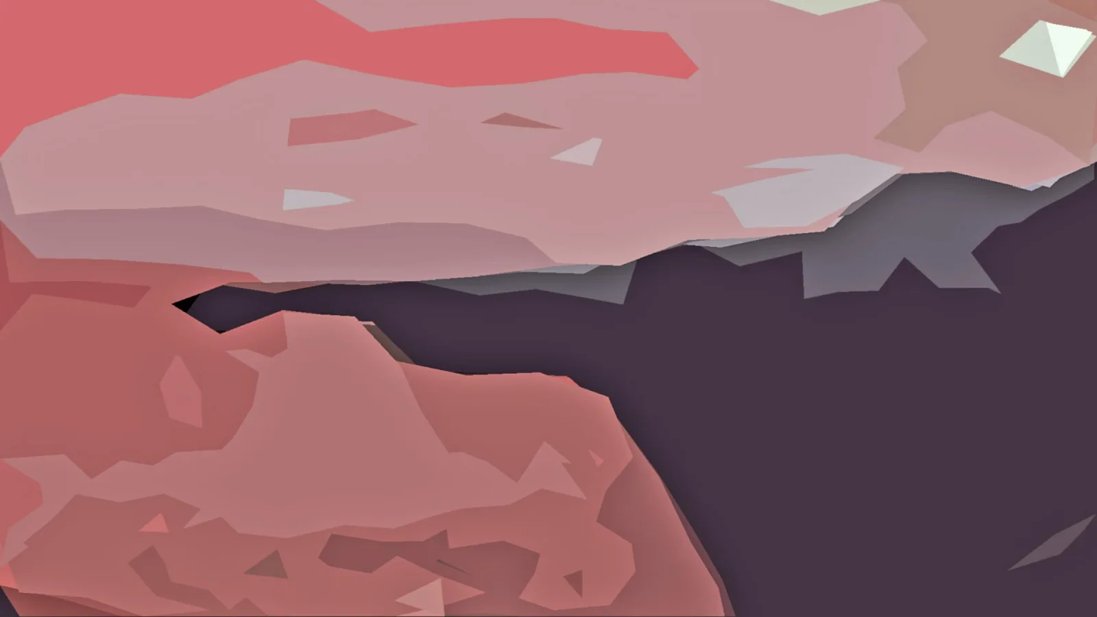 Abstrakte Landschaft aus rosa und dunkelvioletten Facetten mit einem kleinen hellen Kristall oben rechts.
