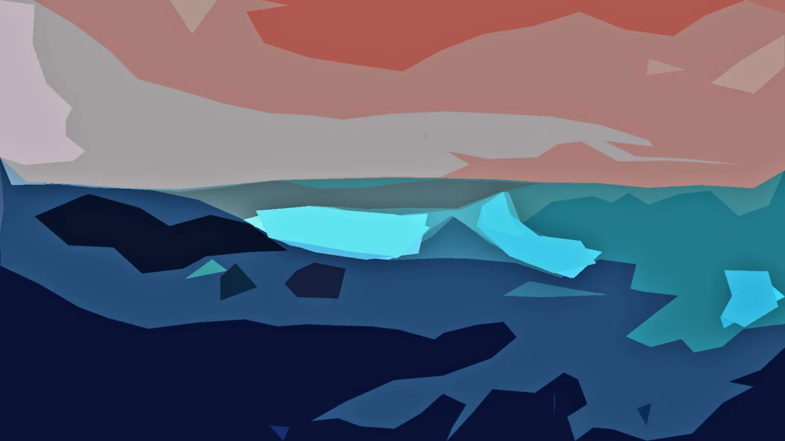 Abstrakte Landschaft aus kantigen Flächen: oben ein rot-oranger Himmel, darunter graue Schichten und tiefblaue Formen mit türkisen und hellcyanfarbenen Akzenten.