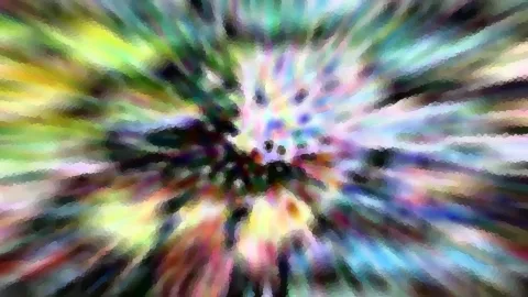 Abstraktes Bild mit farbigen Streifen, die von der Mitte radial nach außen laufen, in Grün, Gelb, Blau und Violett, grob mosaikartig verpixelt.
