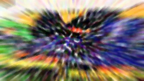 Abstrakte Komposition aus radial verlaufenden, verwischten Farbstreifen in Violett, Blau, Grün und Gelb mit dunklem Zentrum.