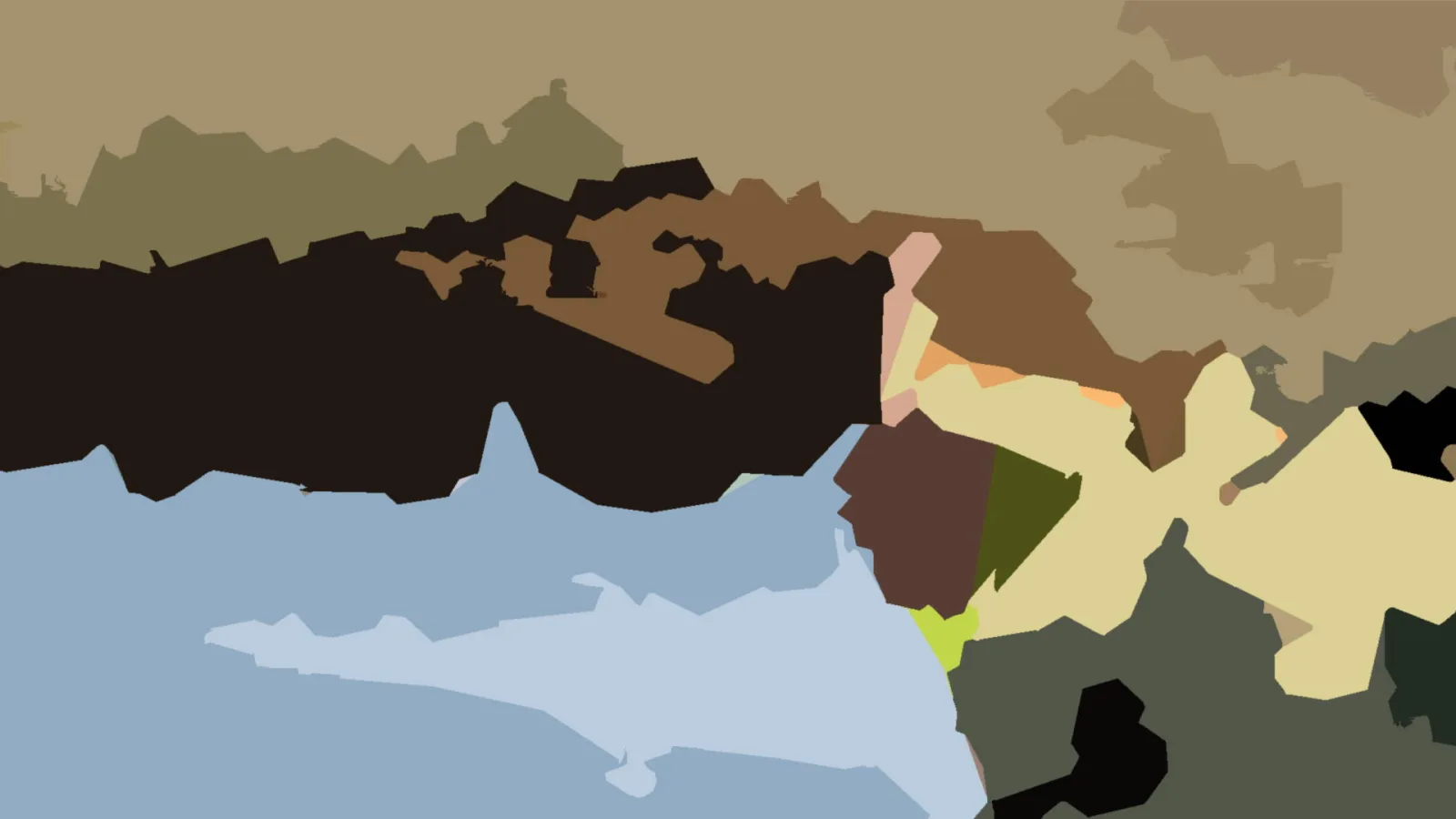 Abstrakte Komposition aus flachen, unregelmäßig geformten Farbflächen in Sandbraun, Schwarz, Hellblau, Olivgrün und Hellgelb.