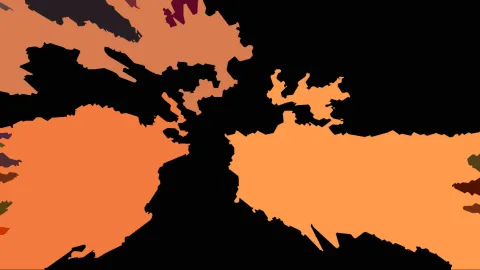 Abstrakte Komposition aus orangen, hellbraunen und schwarzen Farbflächen mit zackigen Kanten auf schwarzem Grund.