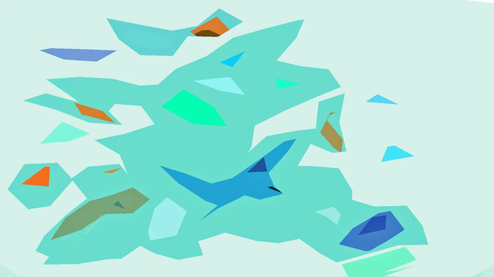 Abstrakte Komposition aus flachen, kantigen Formen in Türkis, Blau und Orange auf hellem Grund, in der Mitte ein blauer vogelartiger Umriss.