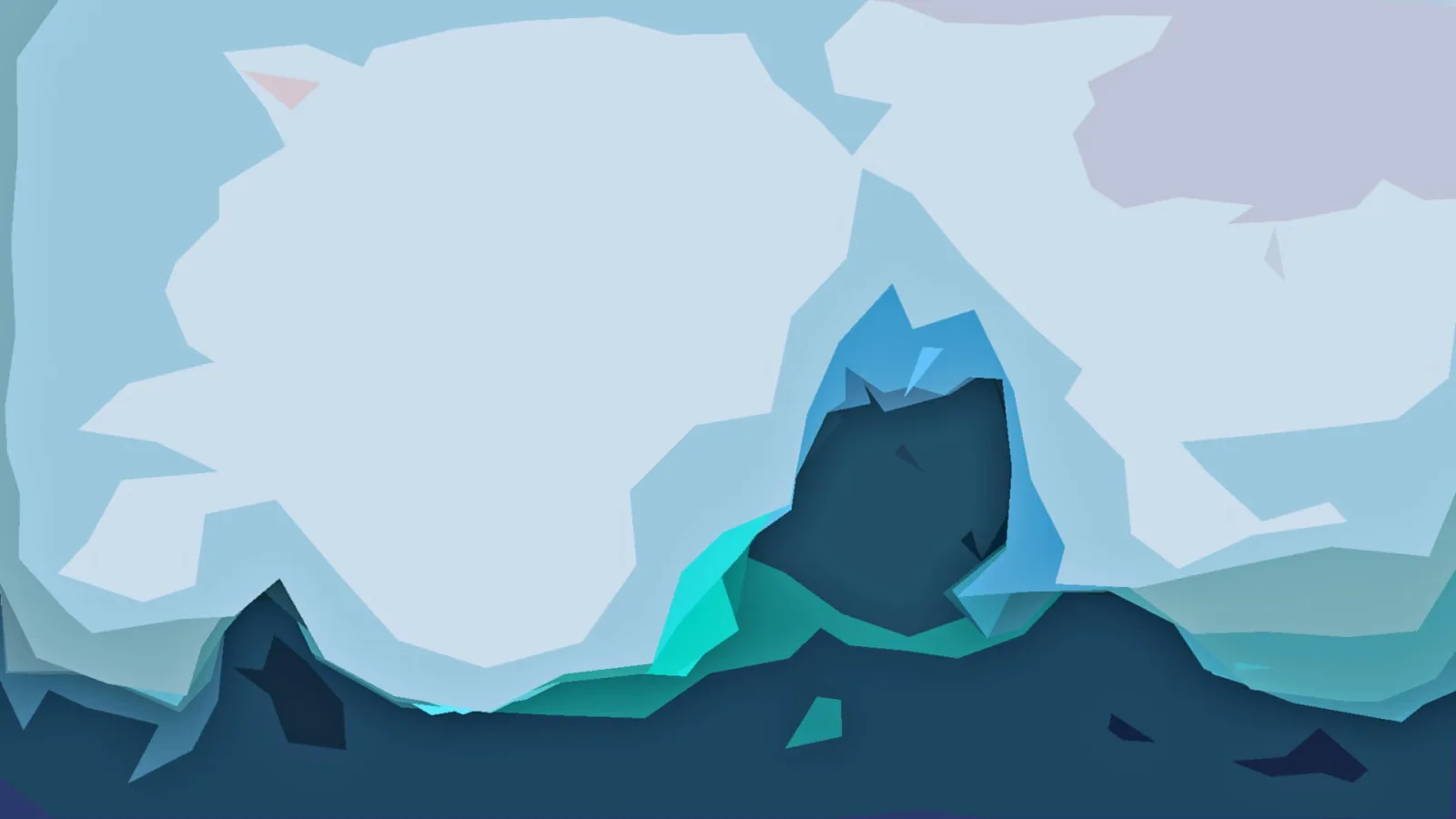 Abstrakte Landschaft aus hellen und dunkelblauen Polygonflächen, im Zentrum ein dunkler Hügel, unten türkise Akzente.