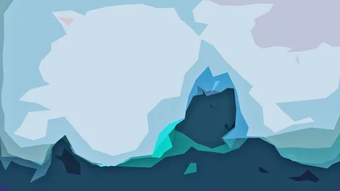 Abstrakte Landschaft aus hellen und dunkelblauen Polygonflächen, im Zentrum ein dunkler Hügel, unten türkise Akzente.