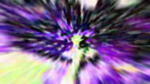 Abstraktes Bild mit radialen Schlieren in Violett, Grün und Weiß, die von einem dunklen Zentrum nach außen laufen.