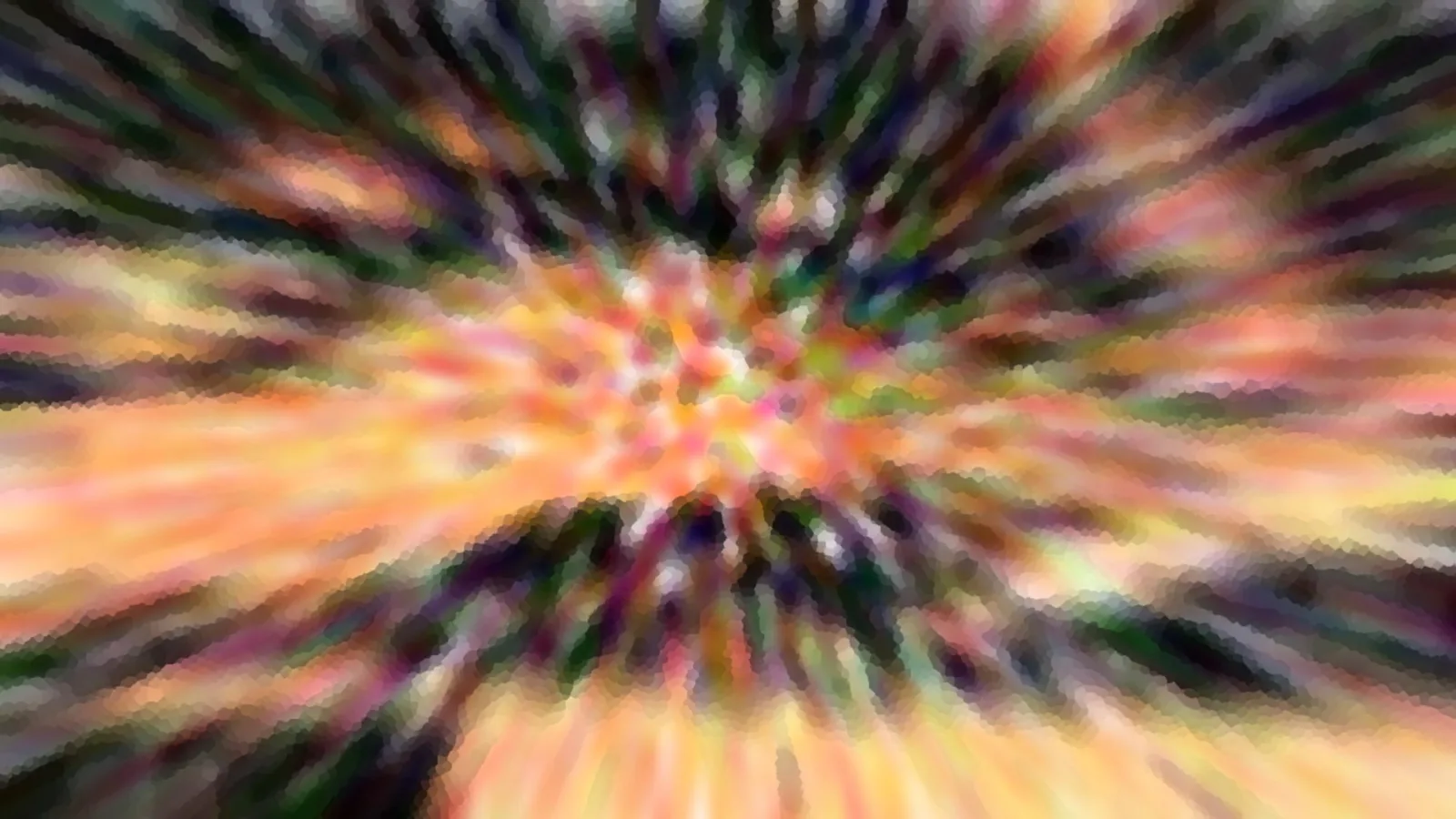 Abstraktes Bild mit radialer Bewegungsunschärfe in Orange, Grün und Schwarz, Farbstreifen laufen von einem hellen Zentrum nach außen.