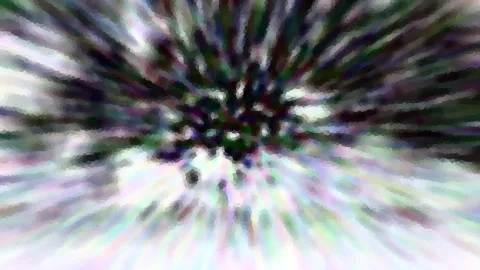 Abstrakte Mosaik-Struktur mit radial von der Mitte ausgehenden Streifen in Violett, Grün und Weiß.