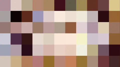 Raster aus farbigen Quadraten in Pastelltönen wie Rosa, Beige und Braun, dazwischen dunkle Violett- und Schwarztöne.