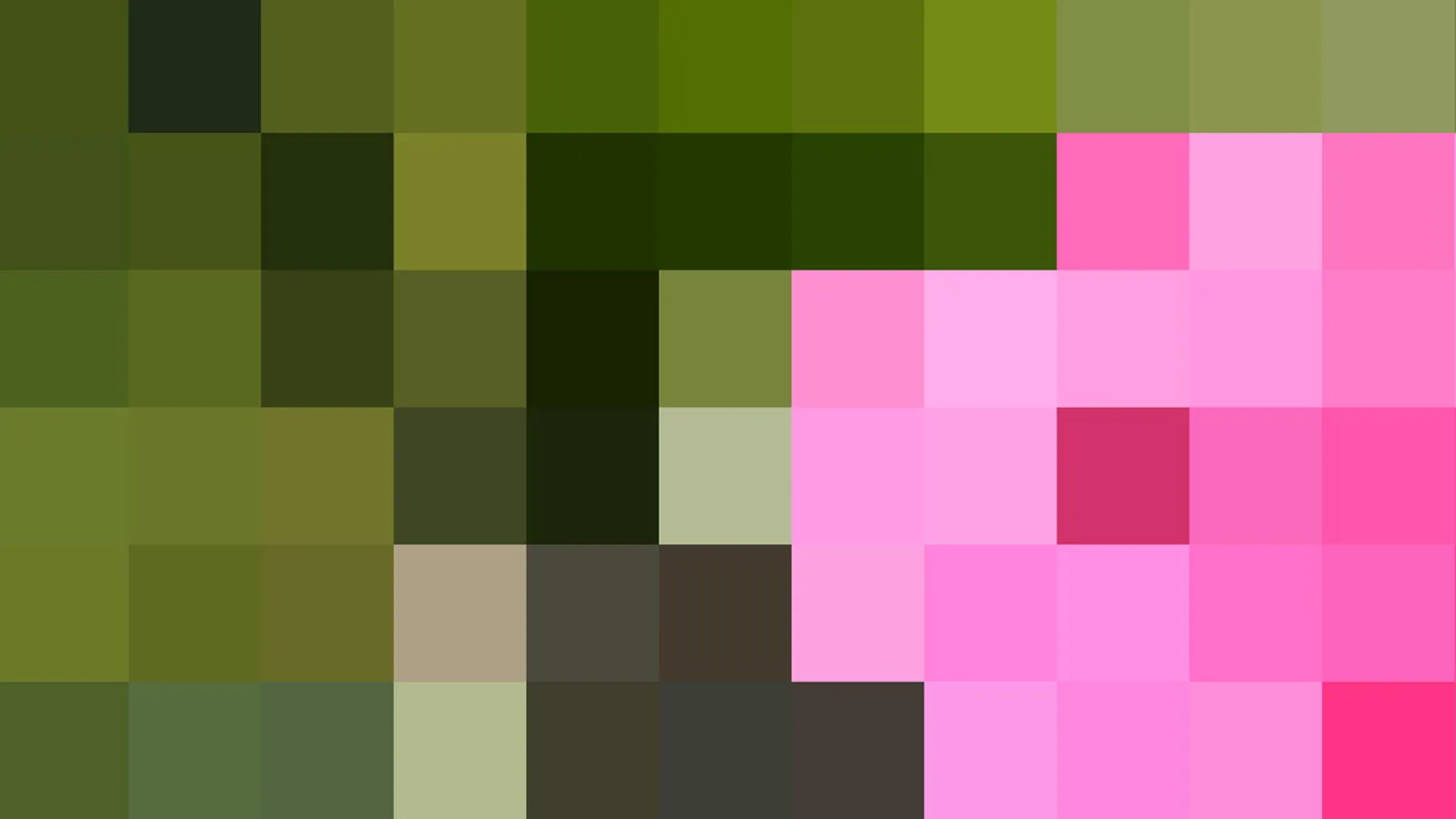 Abstraktes Mosaik aus quadratischen Pixelblöcken in Grün-, Oliv- und Pinktönen, rechts unten ein kräftiges Magenta.