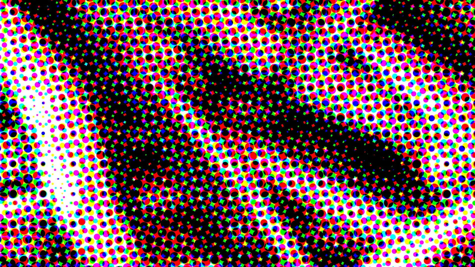 Farbige Punkte in Rot, Grün, Blau und Gelb auf schwarzen und weißen Flächen bilden ein dichtes Raster, links wird es heller.
