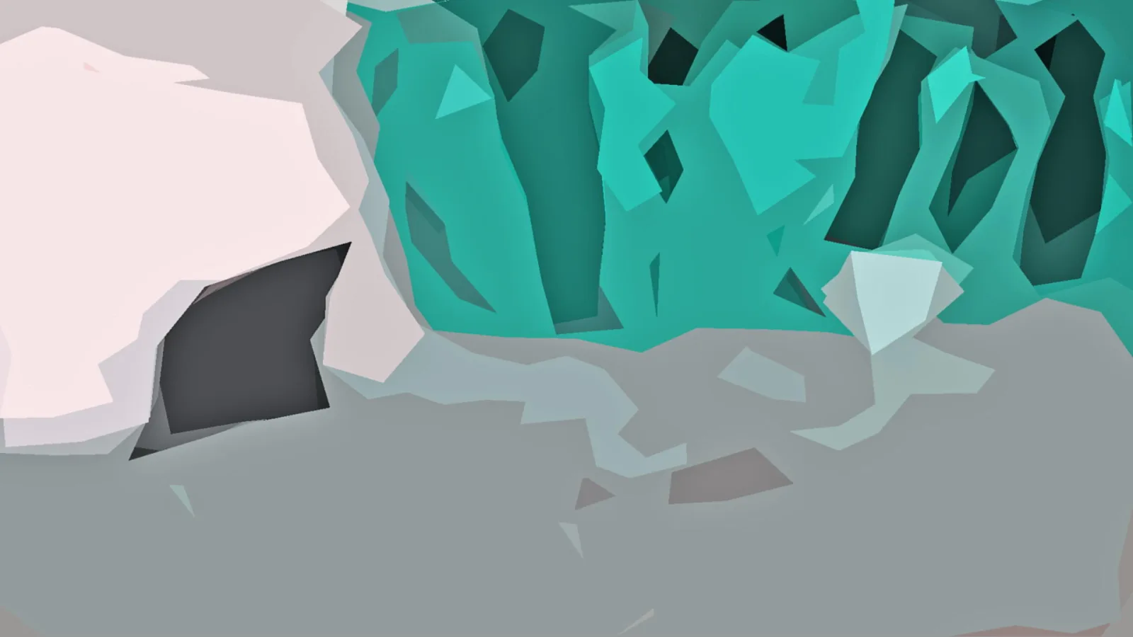 Abstrakte Low-Poly-Komposition mit türkisfarbenen, dunkelgrauen und blassrosa Dreiecksflächen auf grauem Grund.