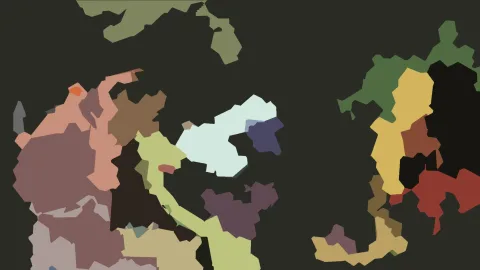 Abstrakte Komposition aus farbigen, organisch geformten Flächen auf dunklem Grund.